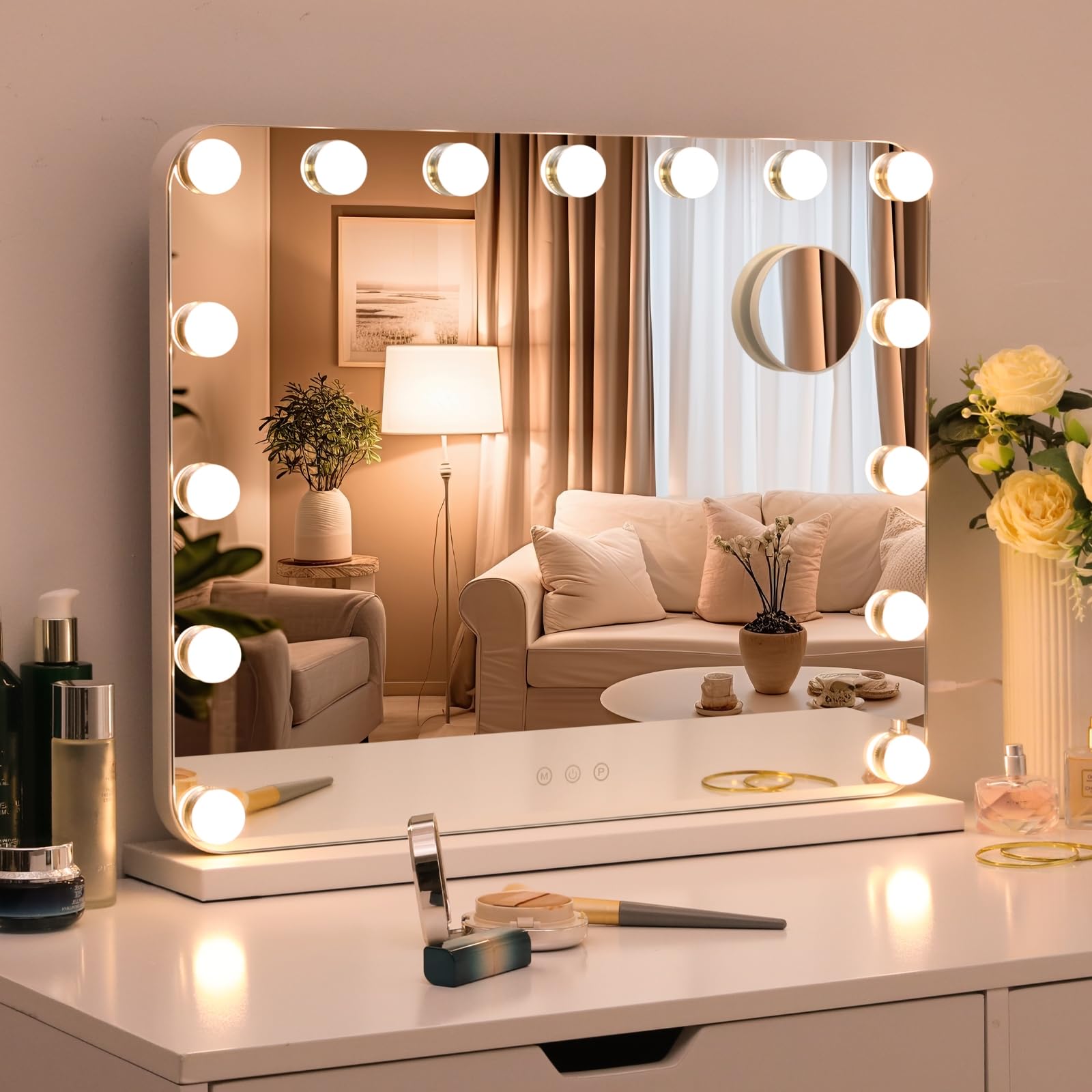 Clevich Hollywood Specchio Trucco con Luci, 58 x 46 cm Specchio con 15 Luci LED, 3 modalità Luce e controllo touch, porta USB, Specchi da parete o da tavolo (Bianco)