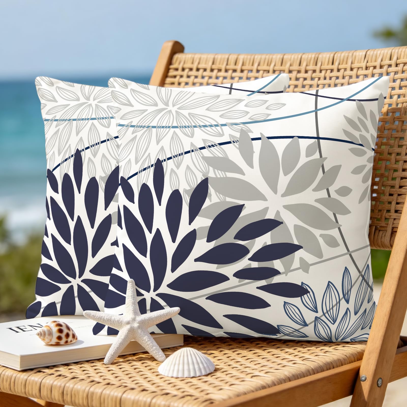 JOTOM Lot de 2 housses de coussin carrées imperméables et décoratives pour extérieur, patio, canapé, banc, tente, décoration intérieure - Motif floral bleu et gris - 40 x 40 cm