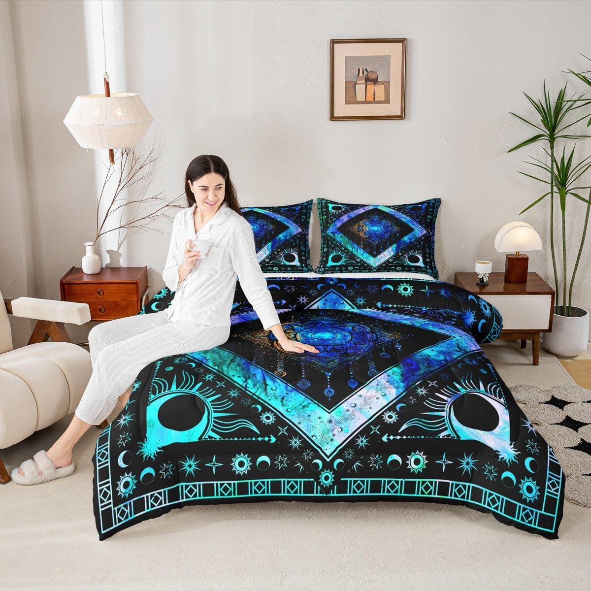 Boho Dream Catcher Bedding Set Full Size Sun Moon Print Comforter Set Bohemian Tribe Bedding Comforters & Sets Celestial Astrology Decor Duvet Set Blue Tie Dye Quilt Set Black Soft Breathable 3pcs
