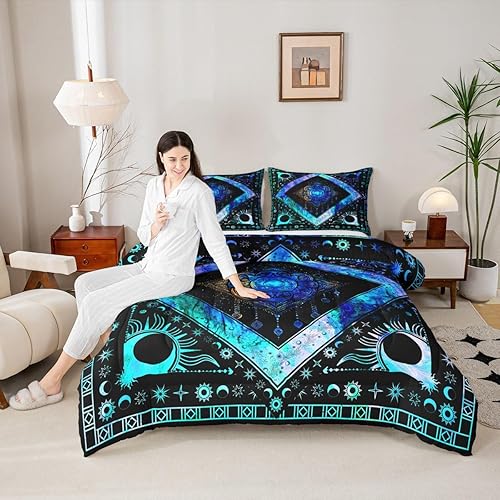 Miniatura 2 de Erosebridal Juego de edredón bohemio de atrapasueños tamaño King, color azul hippie y teñido anudado, juego de edredón bohemio con sol y luna