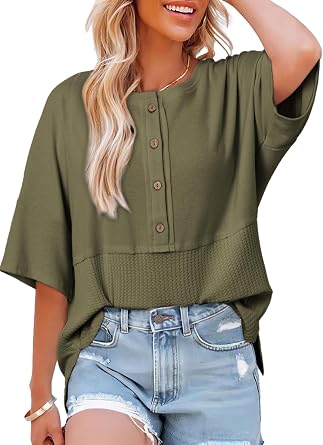 Dokotoo Womens Waffle Knit Tops 3/4 Sleeve Oversized Patchwork Blouses