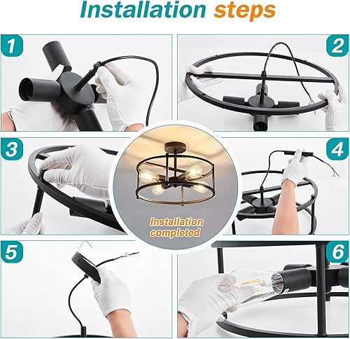 Miniatura 6 de Lámpara de techo industrial semiempotrada, lámpara de techo de metal rústico de 4 luces, candelabro negro para cocina, isla, comedor, pasillo,