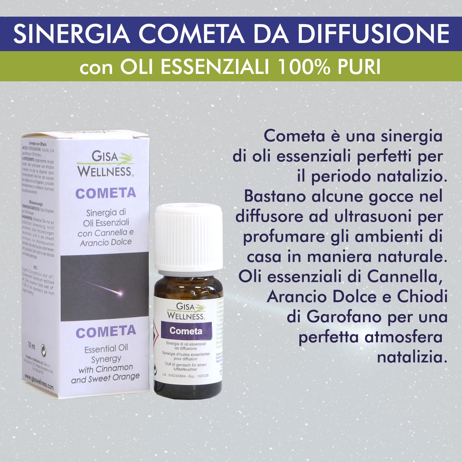 Gisa Wellness Lucciola diffusore oli essenziali batteria ricaricabile usb e Sinergia Cometa puri per purificazione e vitalità portatile senza fili, da auto e ufficio