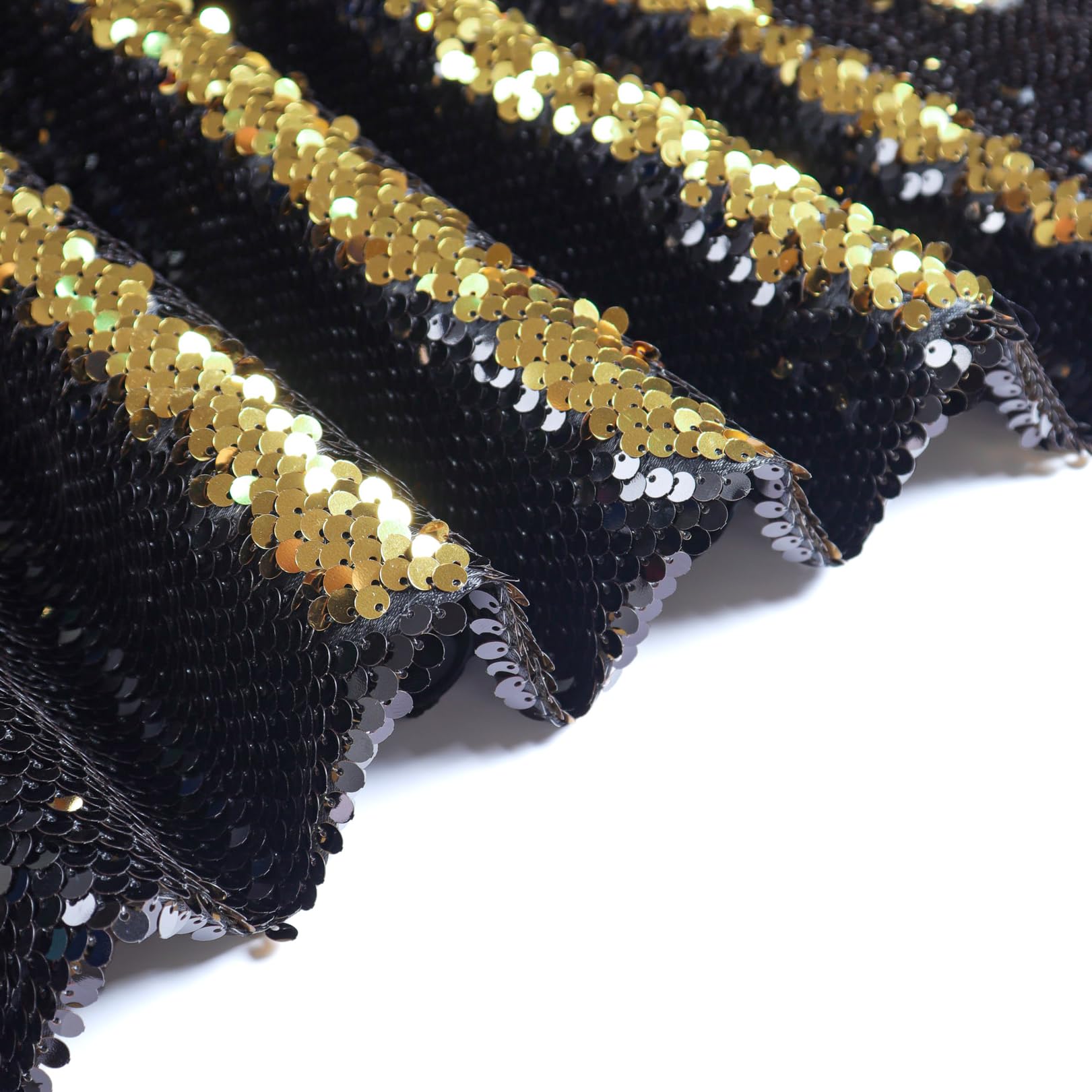 DUOBAO Black to Gold Reversible Sequin Fabric, 5MM Mermaid Mesh, 15 Feet DIY Backdrop & Wedding Table Decor, Shiny Glitter Material