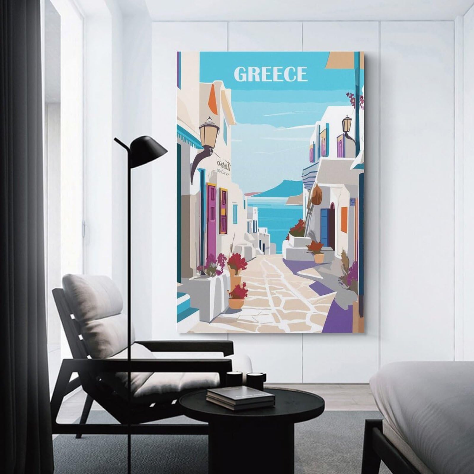 Junmoney Greece City Pop Art Decorative Wall Artwork 24x36inch(60x90cm), for Living Room, Lounge Or Sitting Room, A Home Accent with Warm Character