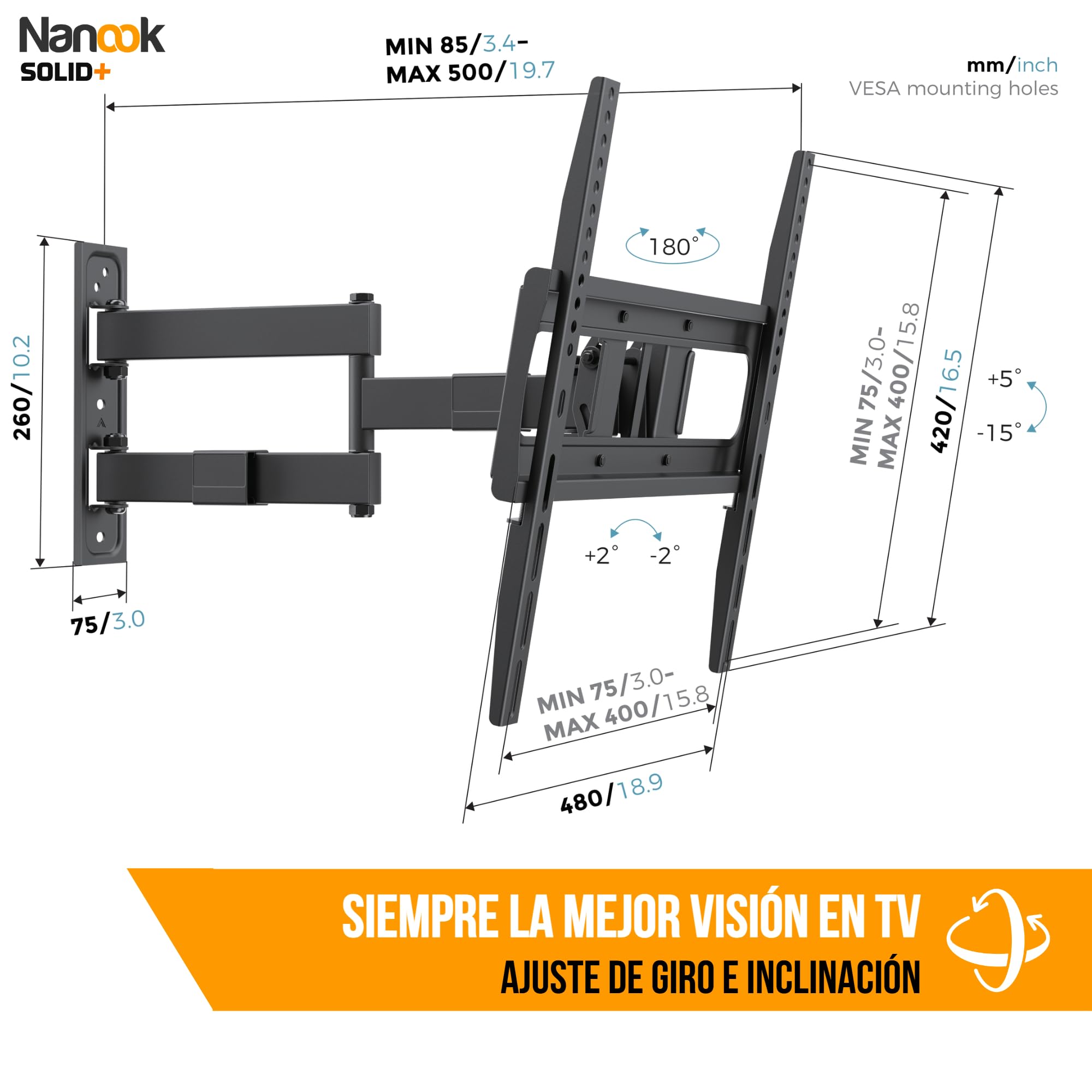 NANOOK Solid+ Soporte de Pared para TV Orientable 32–65 Pulgadas | Inclinable 15° | VESA hasta 400x400 | Carga Máx. 35 kg