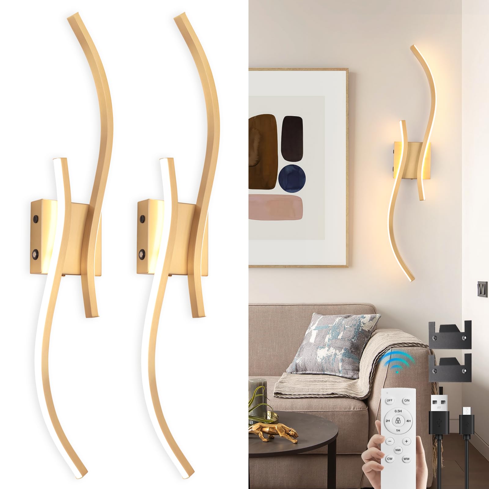 Vloitgol Battery Operated Wall Sconces Light LED with Remote Control, 10000mAh, 3000K-6000K, Gold Rechargeable LED Wireless wall sconces Set of 2 for Indoor Bedroom Hallway Living Room Bedside, 80cm