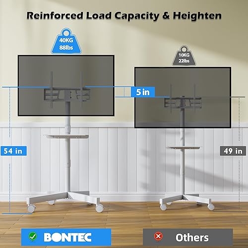 Miniatura 10 de BONTEC Soporte de TV móvil con inclinación, soporte de TV rodante para televisores LED, LCD, OLED de 23 a 60 pulgadas, curvos planos de hasta 88
