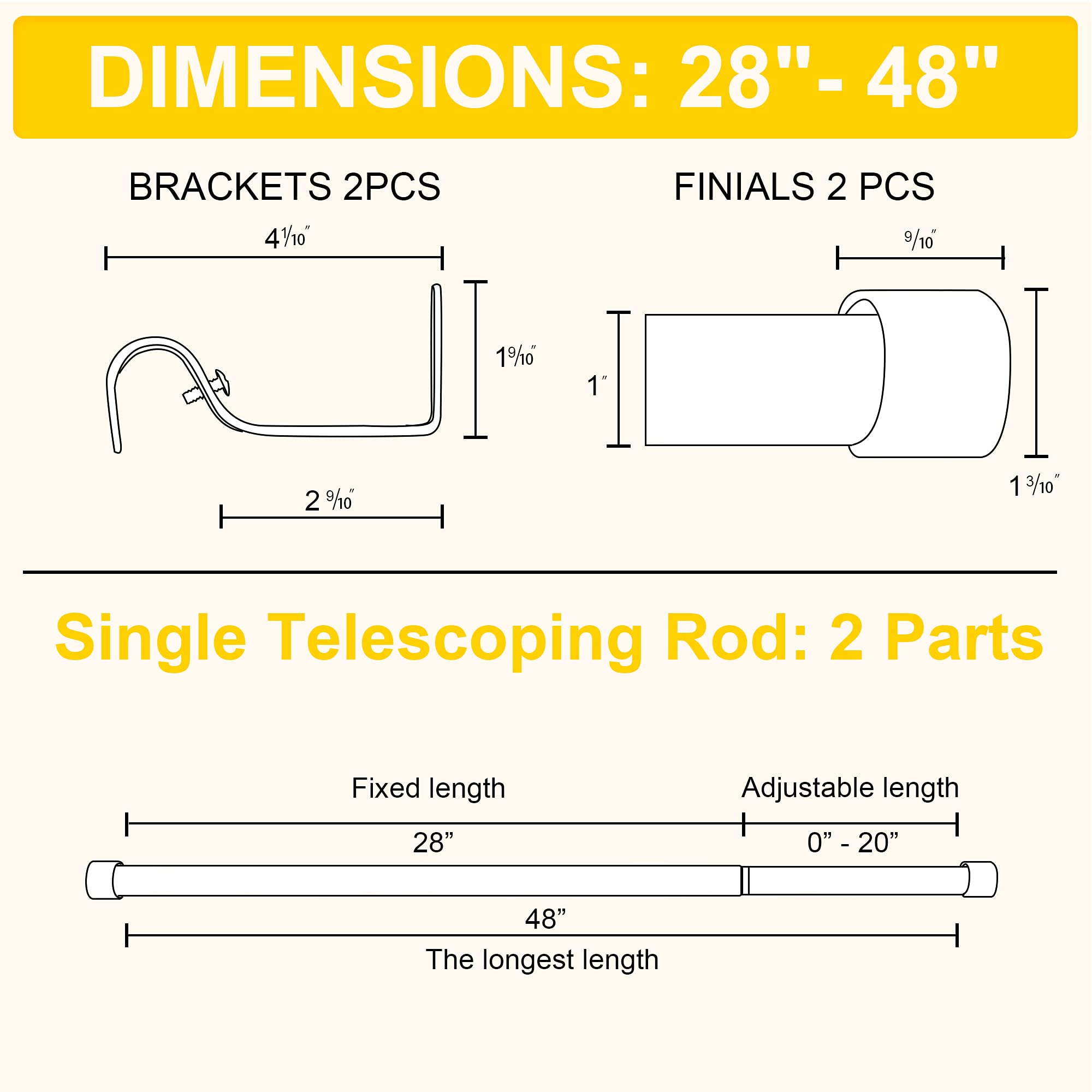NICETOWN Black Adjustable Curtain Rod 1 Diameter Modern End Cap Style Finals/Cylinder Finials Design Decorative Drapery Rod for Closet Cupboard Cafe Loft RV Curtains, 28-48" Length, Matt Black