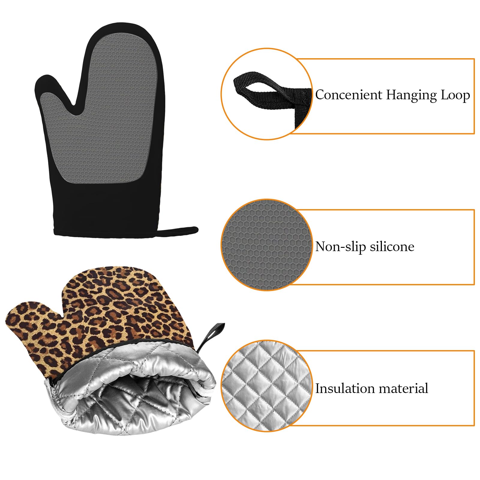 Juego de guantes de horno de silicona con estampado de leopardo, guantes de horno de silicona antideslizantes, 2 guantes de horno resistentes al calor, el mejor regalo para madre, esposa, guantes de 3