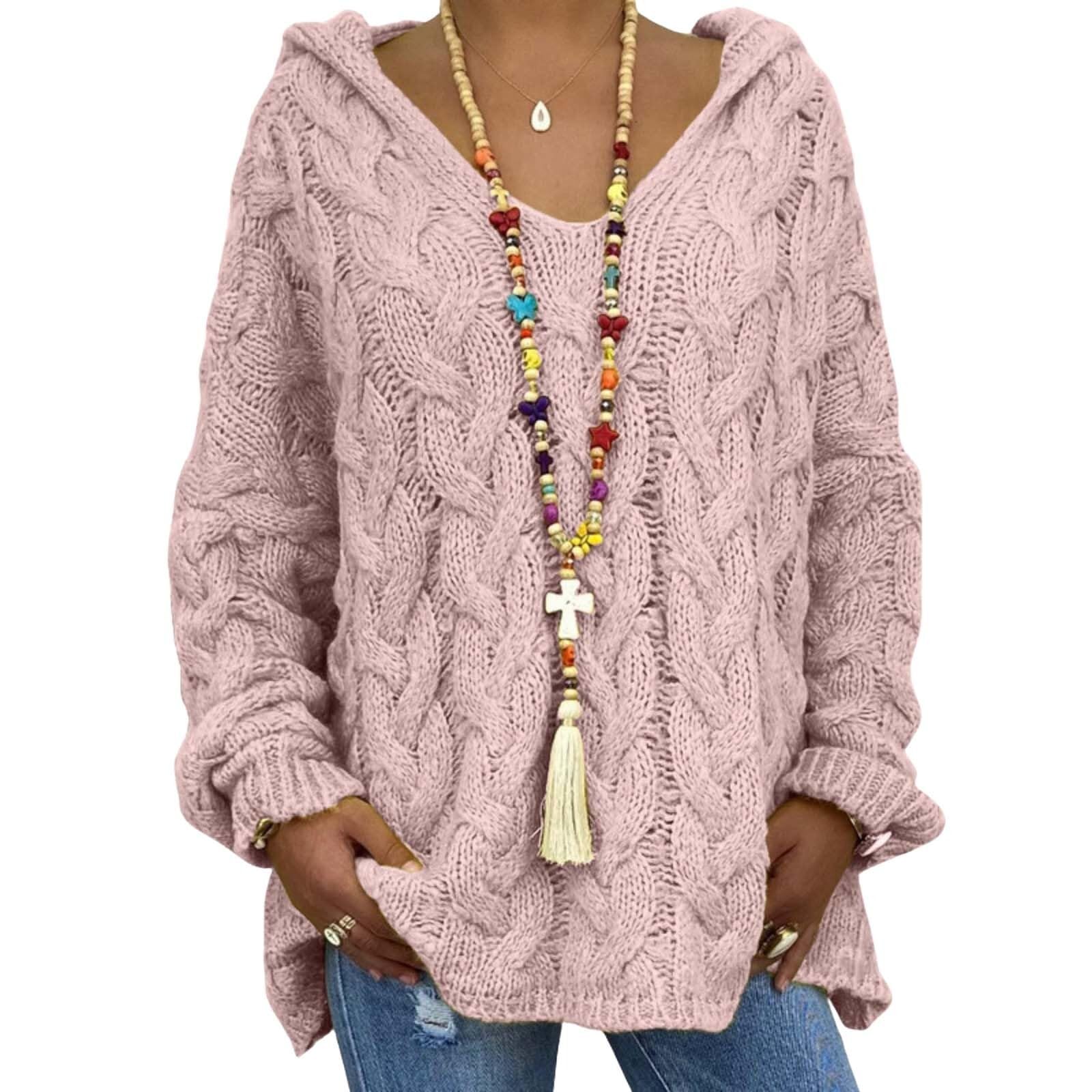 Casual Sweater for Womens Fall Knit Long Sleeve Chunky Cable Knitted Pullover Hooded Sweater Tops
