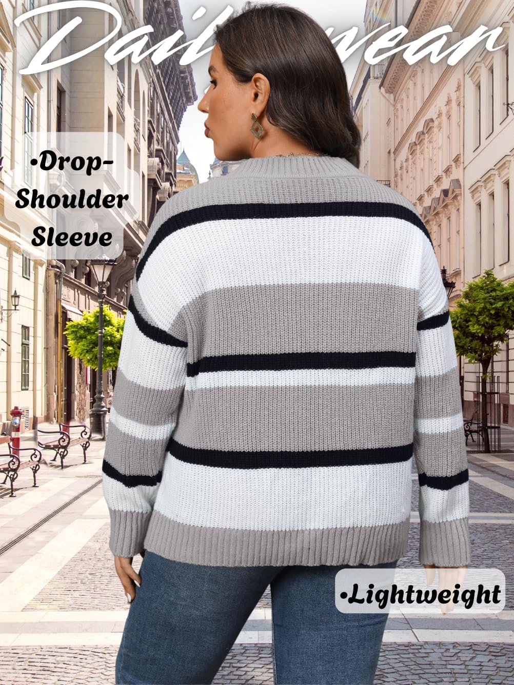 Womens Plus Size Striped Sweater, V Neck Color Block Ribbed Knit Long Sleeve Pullover Top, Fall Winter Casual Outfits - Image 4