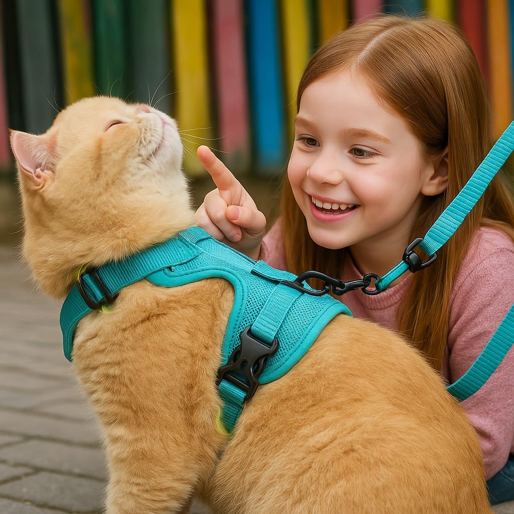 Cat Chest Harness and Leash Set for Walking Escape Proof, Soft Adjustable Vest Harnesses for Cats, Kitten Jacket with Reflective Strip, Easy to Put on with 3 Buckles for Traveling (Red, M)