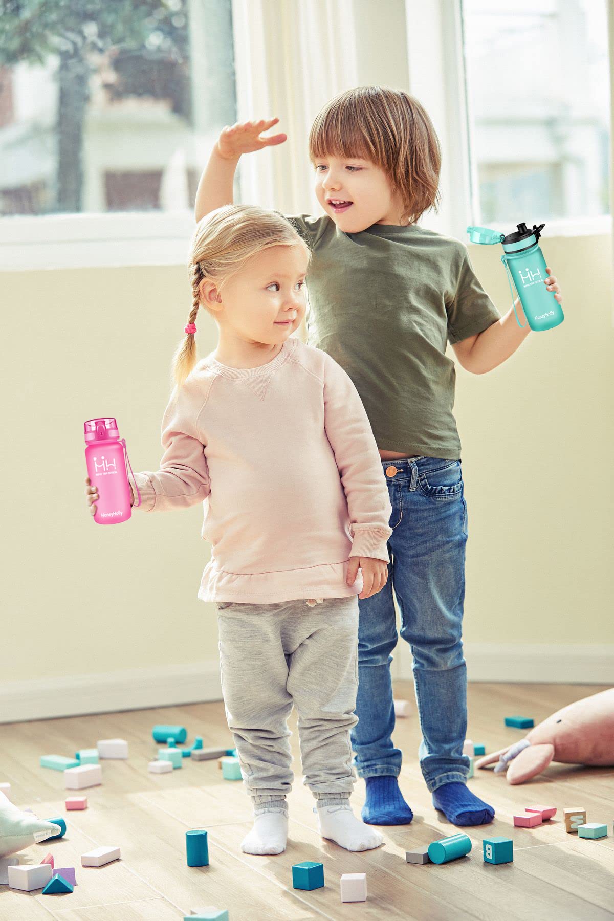 SUPPRUI Bouteille d'eau pour enfants avec paille pour l'école - Anti-fuite - 480 ml - Sans BPA - Pour garçons et filles - Rose