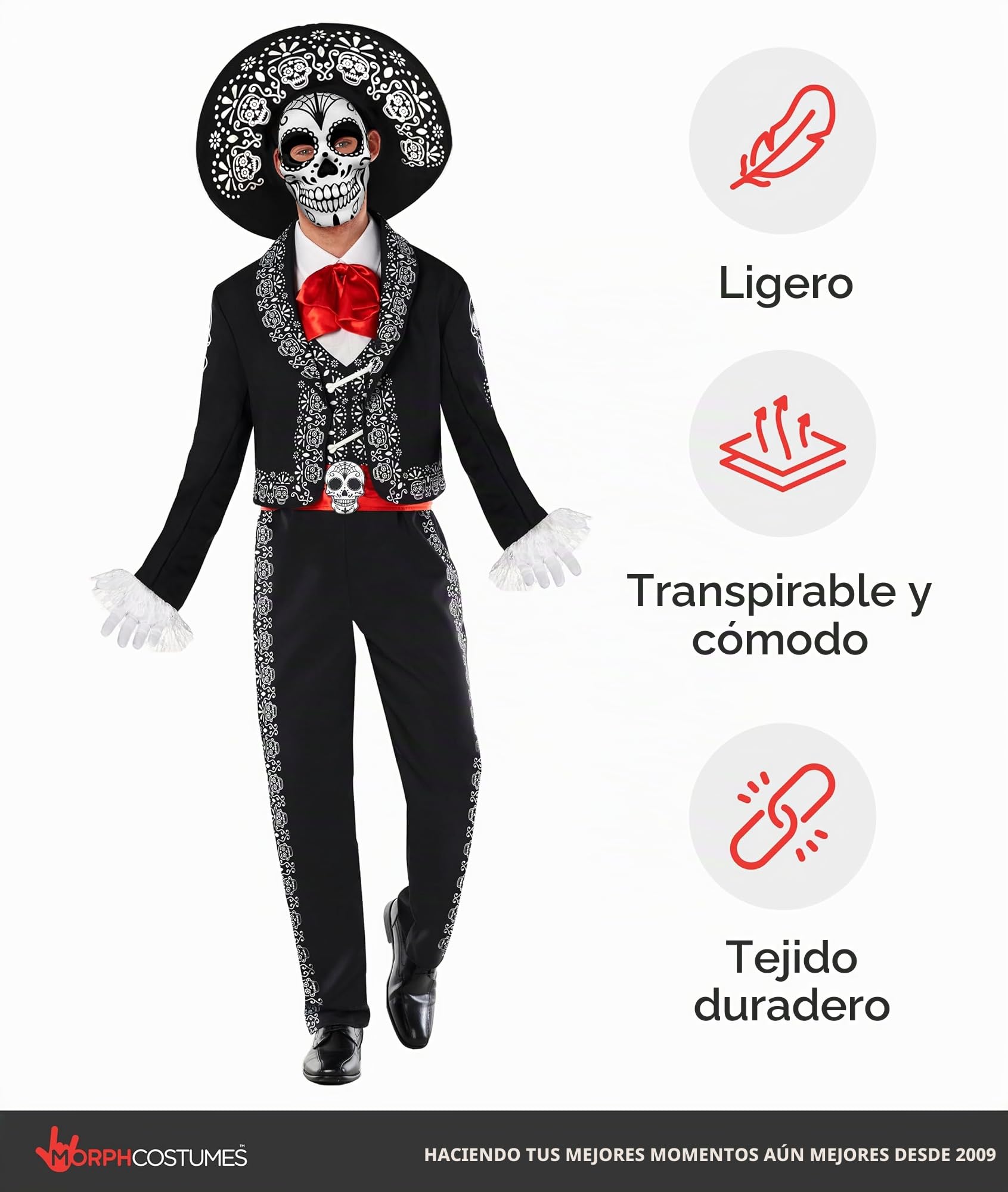 Morph Disfraz Catrina Mariachi Hombre Día Muertos Esqueleto Chaqueta Chaleco Pantalón Sombrero Máscara Calavera