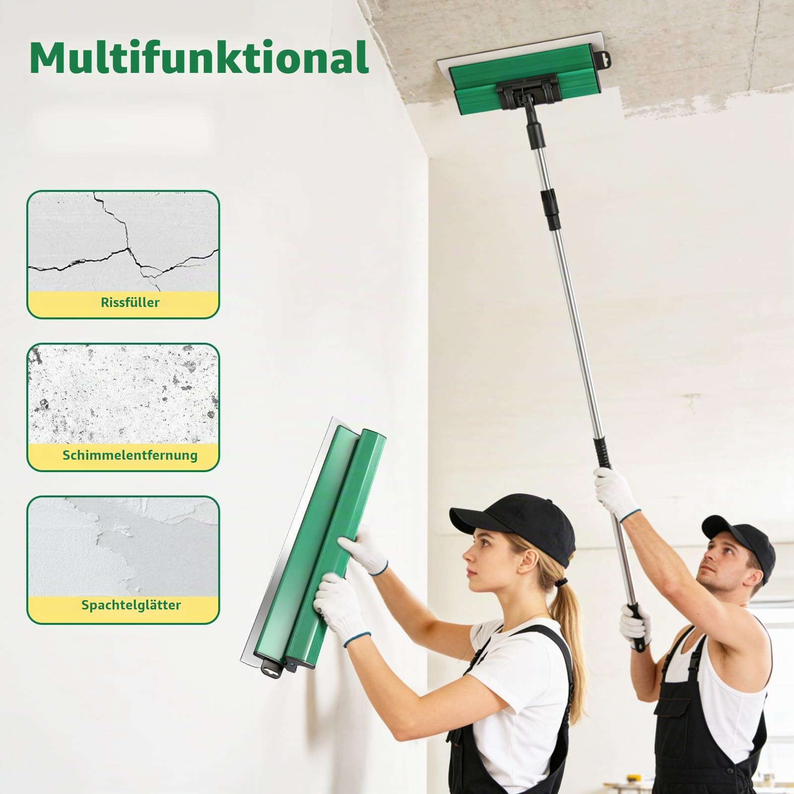 Flächenspachtel Set, Spachtel Werkzeug, Trockenbau Spachtel (25 40 60 80 cm) und 84cm-150cm Teleskopstange - Glättungsspatel-Kit mit 3 Malerspachtel für Verputzen von Wänden & Decken, Tapeten