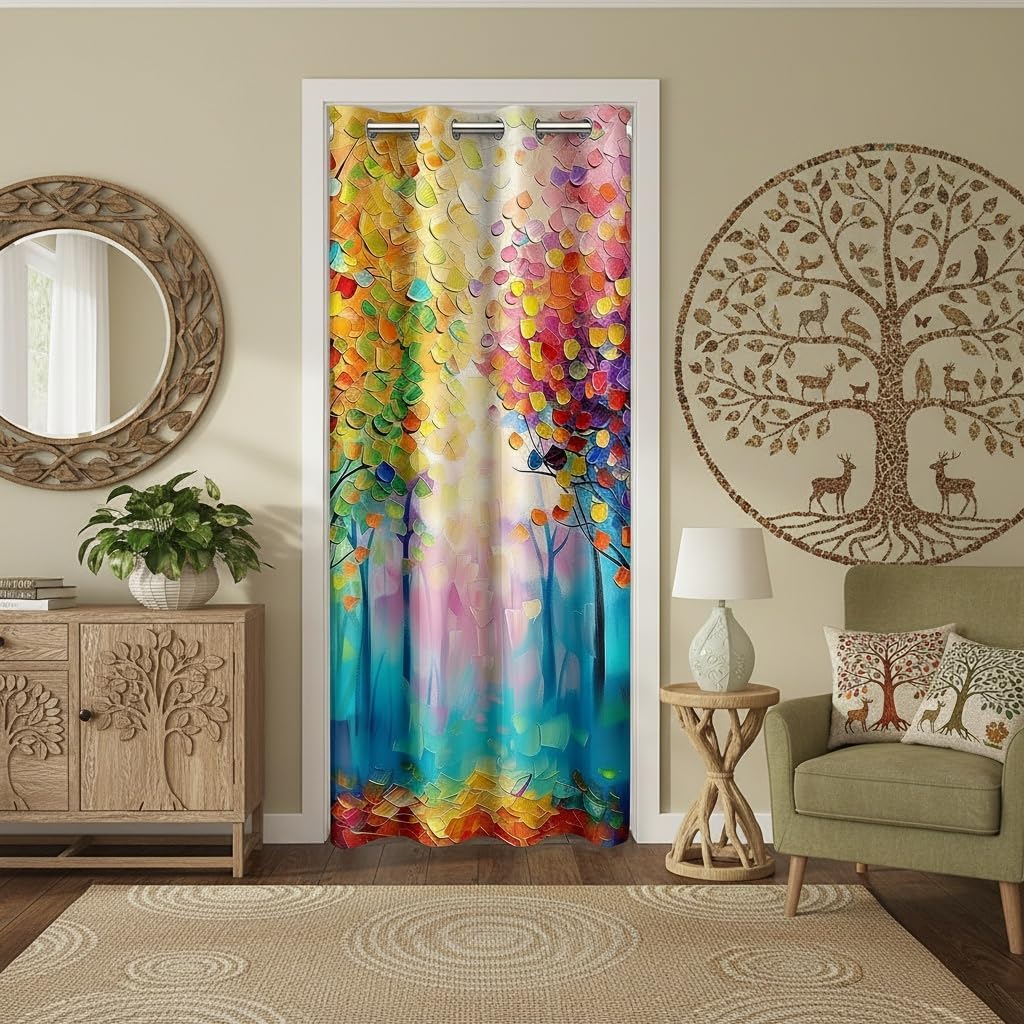 Trees Door Curtain for Doorway Privacy,Oil Painting Aesthetic Closet Door Cover Curtain for Bedroom Living Room,Modern Leaves Abstract Room Darkening Curtain Yellow Purple Green Curtain,W34 X L80