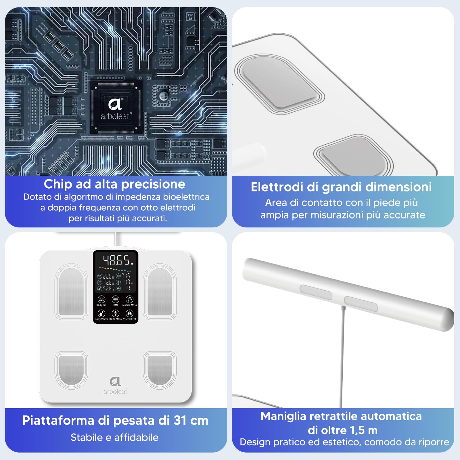 arboleaf Bilancia Intelligente con Analisi Corporea, Bilancia Impedenziometrica con 8 Elettrodi Sensori e Grande display, con Bluetooth e APP, 50 Metriche, Capacità 180 kg