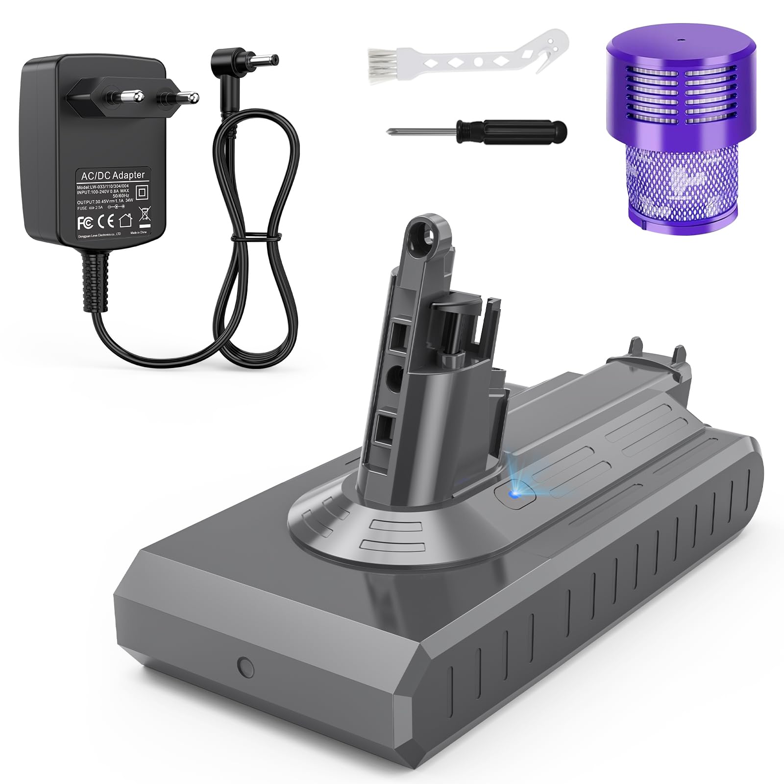 Batería de repuesto para aspiradora Dyson SV14 Absolute Complete Fluffy (3900 mAh, tipo tornillo), 25,2 V (con filtro, cepillo y tornillos)