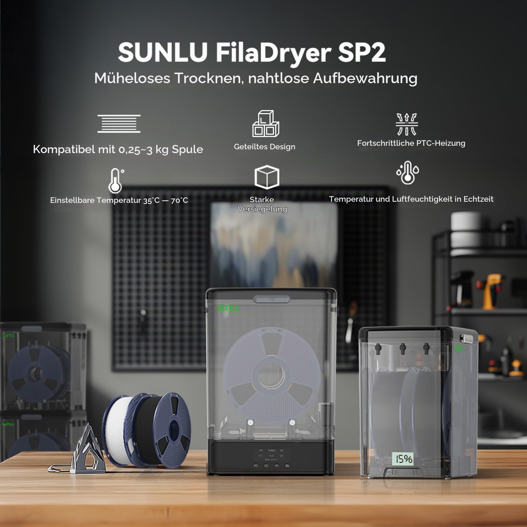 SUNLU Filament Trockner & Aufbewahrung Box SP2, 2-Rollen 3D Drucker Filament Dryer, 70℃ Max Temperatur mit 360° Heizung für 3D Filament Trocknen, kompatibel mit 1,75 mm PLA PETG TPU ABS PA PC