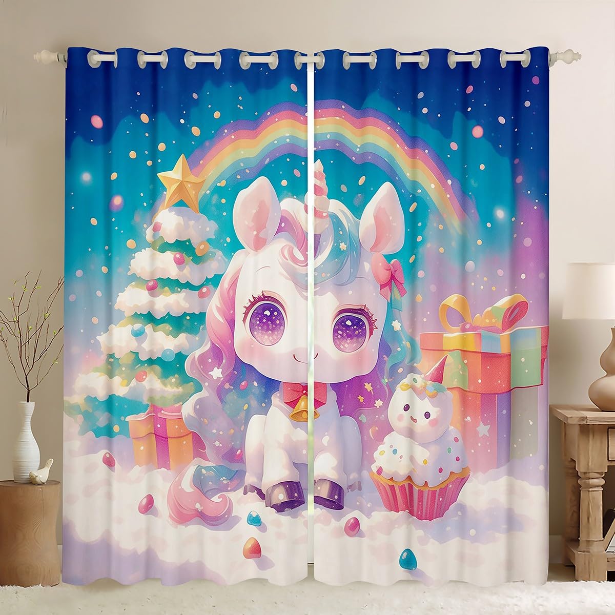 Zasłona z jednorożcem na Boże Narodzenie, Boże Narodzenie, sosna, tęcza, prezent, Kawaii, miły jednorożec, gwiazdki, dekoracja zimowa, poliester, zabieg okienny, rozmiar XL