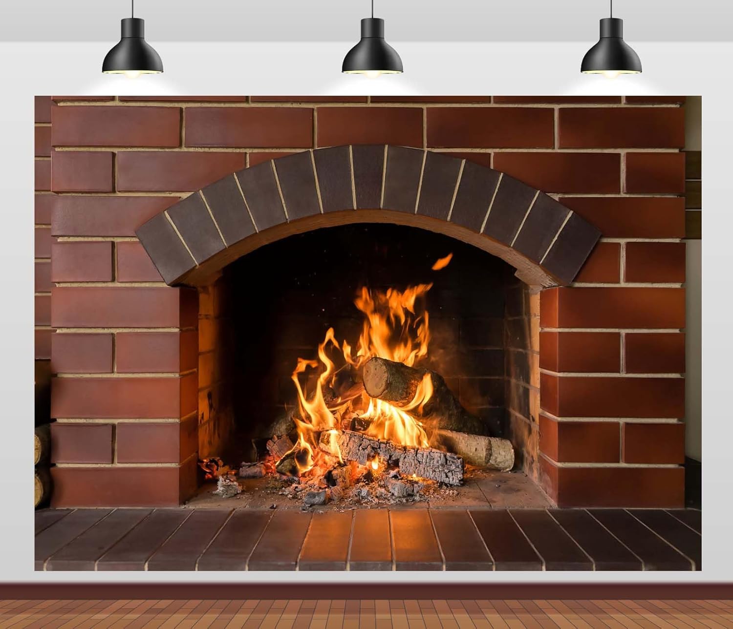 CORFOTO Brick Wall Fireplace Backdrop Fabric 5x3ft Fake Fireplace Picture Firewood Warm Fire Christmas Background for Winter Xmas Photo Props Christmas Wall Decorations Camping Poster Banner - Image 5