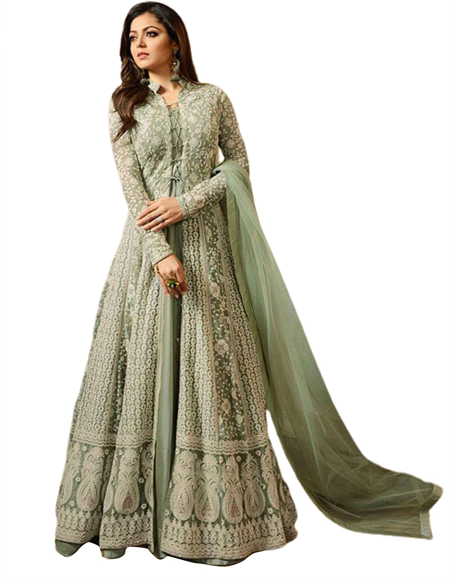 Miss Ethnik Women's Light Green Embroidered Flared Gown Dress 945-Light Green