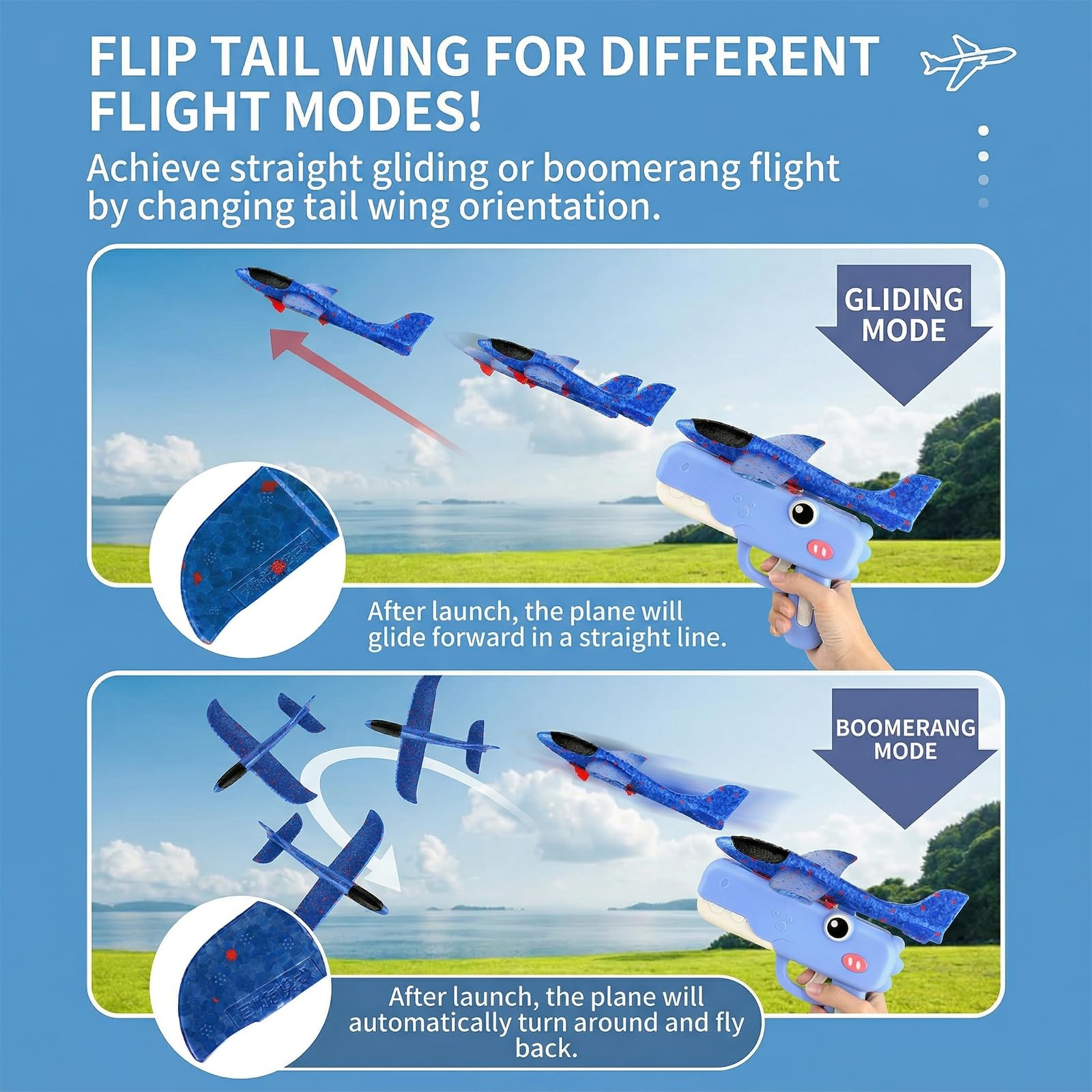 Dinosaur Airplane Launcher Toy, Foam Airplane Launcher with 8 Inch Foam Glider, Fun Plane Toy, Long Distance 33-59ft, Birthday Gift (Blue) — view 4