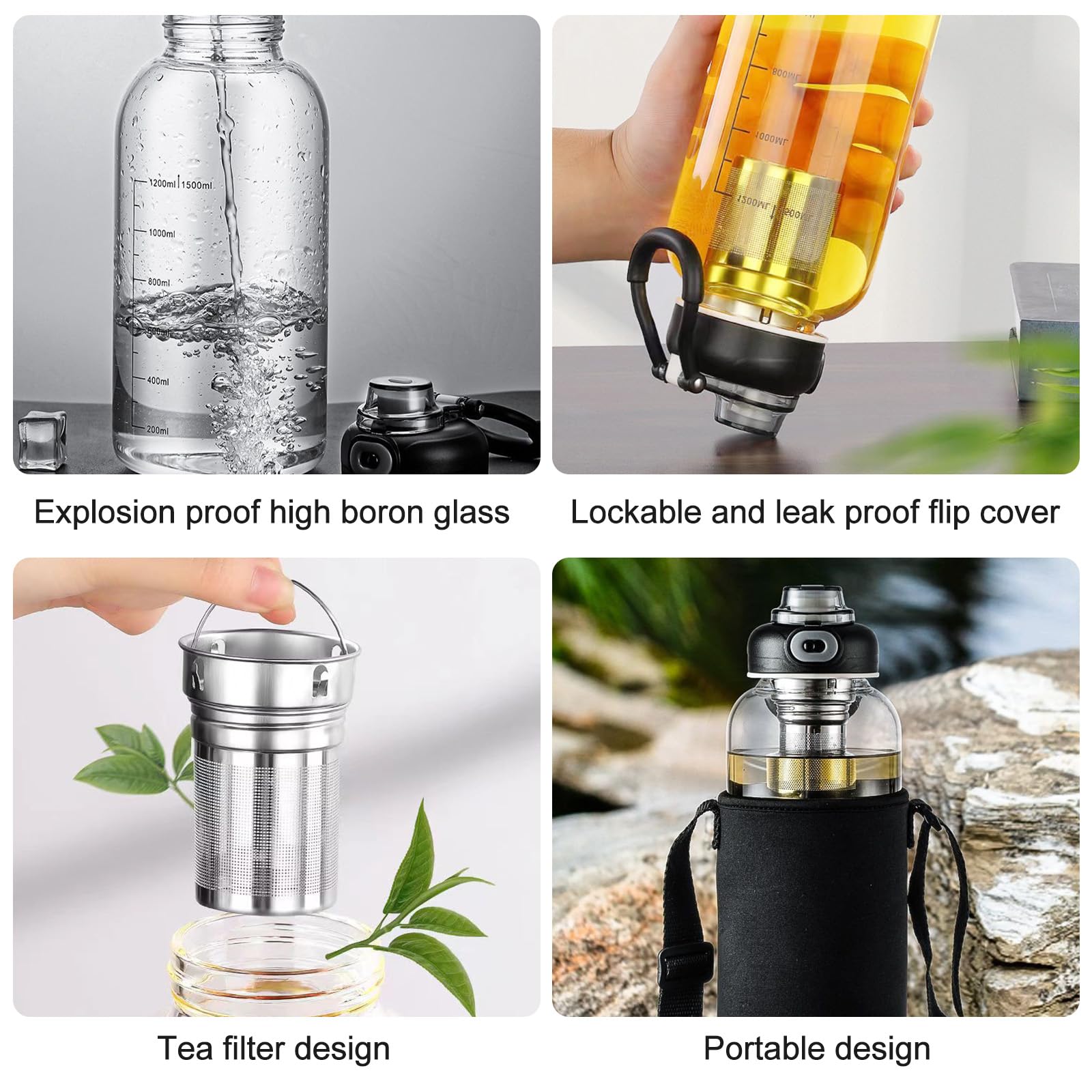 Trinkflasche Glas 1500ml, Trinkflasche 1,5 Lite Mit Teeabfluss, Glasflasche 1,5 Liter Mit Deckel, Wasserflasche Aus Borosilikatglas, Sport Wasserflasche, Für Outdoor, Arbeit, Tee, Getränke, Wasser Sport & Freizeit