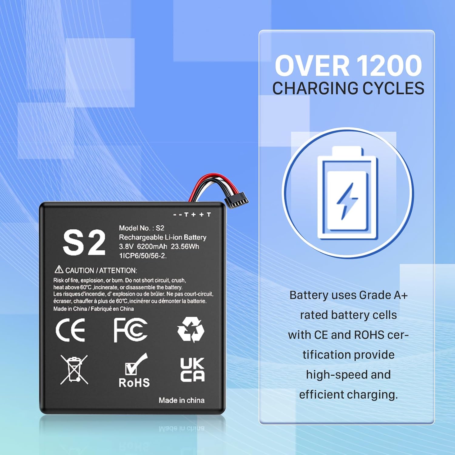 Replacement Battery for S2, 6200mAh Ultra High Capacity Li-ion Battery for Ring Video Doorbell 2nd Generation 1ICP6/50/56-2, 5UM5E5, (6 Cable Plug Version Only) 1-Pack