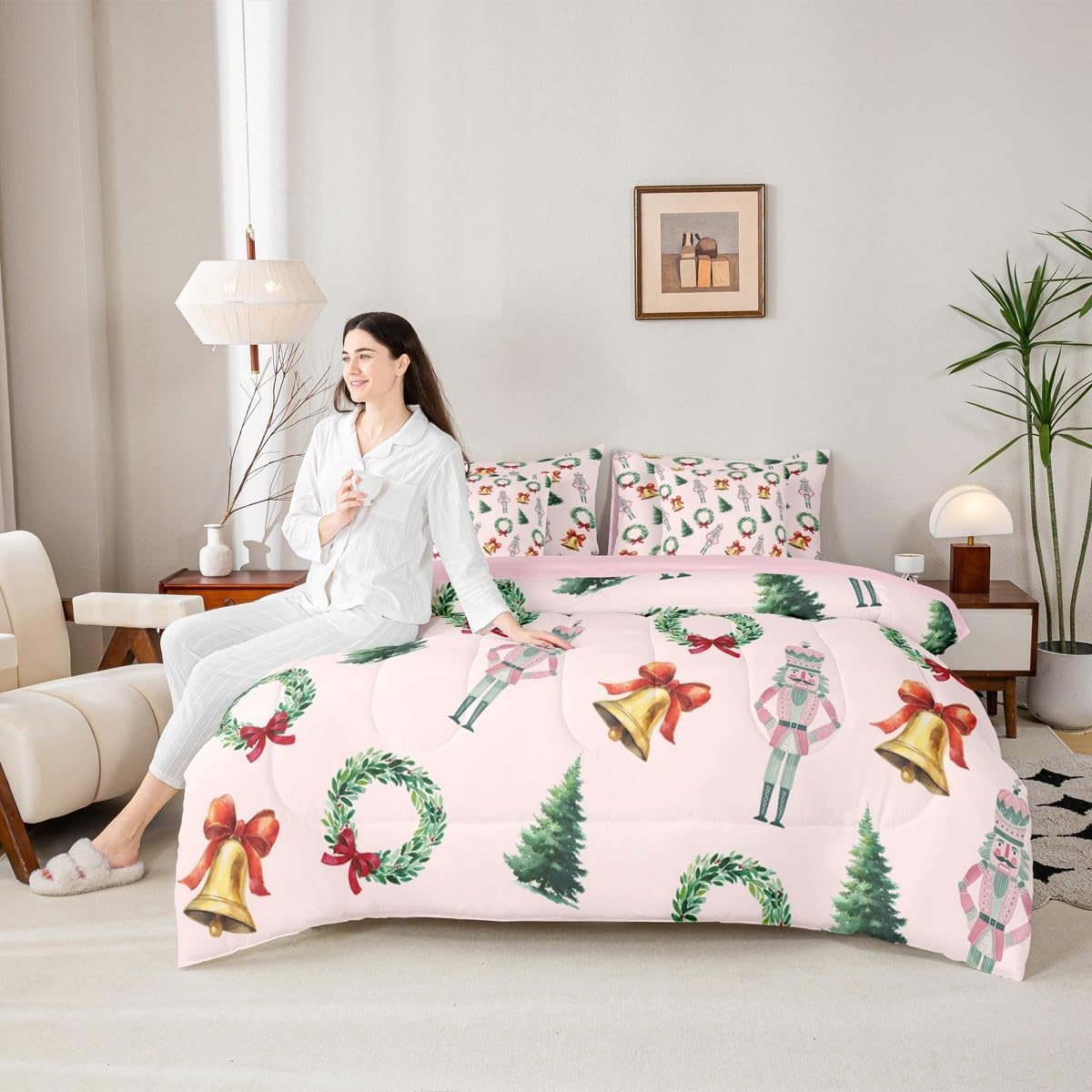 Feelyou Merry Christmas Queen Comforter Set with Sheets for Kids Boys Girls Nutcracker 7 Pieces Bedding Set Xmas Tree Bed in a Bag Pink Room Decor Soft Lightweight Microfiber