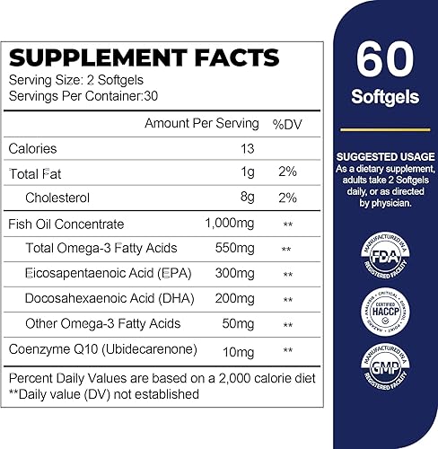 Miniatura 2 de Suplemento concentrado de aceite de pescado Omega 3, 1000 mg por porción, contiene EPA, DHA y CoQ10, apoya la salud del corazón, el cerebro y las