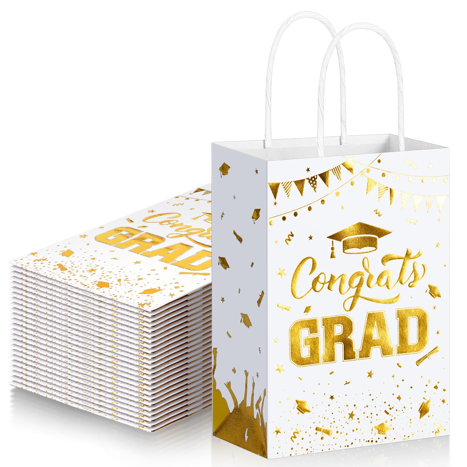 TaoBary 24 Pcs White Gold 2026 Graduation Gift Bags Congrats Grad Bags Party Favors with Handles Graduation Treat Paper Gifts for Grad Party Supplies,