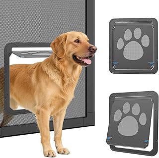 Dog Door for Screen Doors, Large Dog Opening for Sliding Doors, Inner Flap 12"×14" Lockable Magnetic with Automatic Close, Sturdy ABS Pet Doorway for Small to Large Dogs, Black L