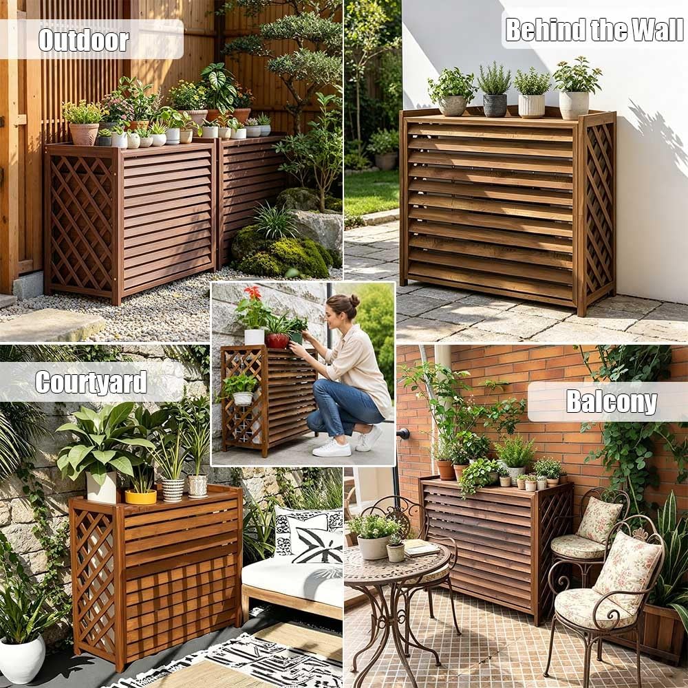 Cubre Aire Acondicionado Exterior De Madera Maciza, Cubierta Rejilla Soporte Flores La Unidad(100x43x94cm)