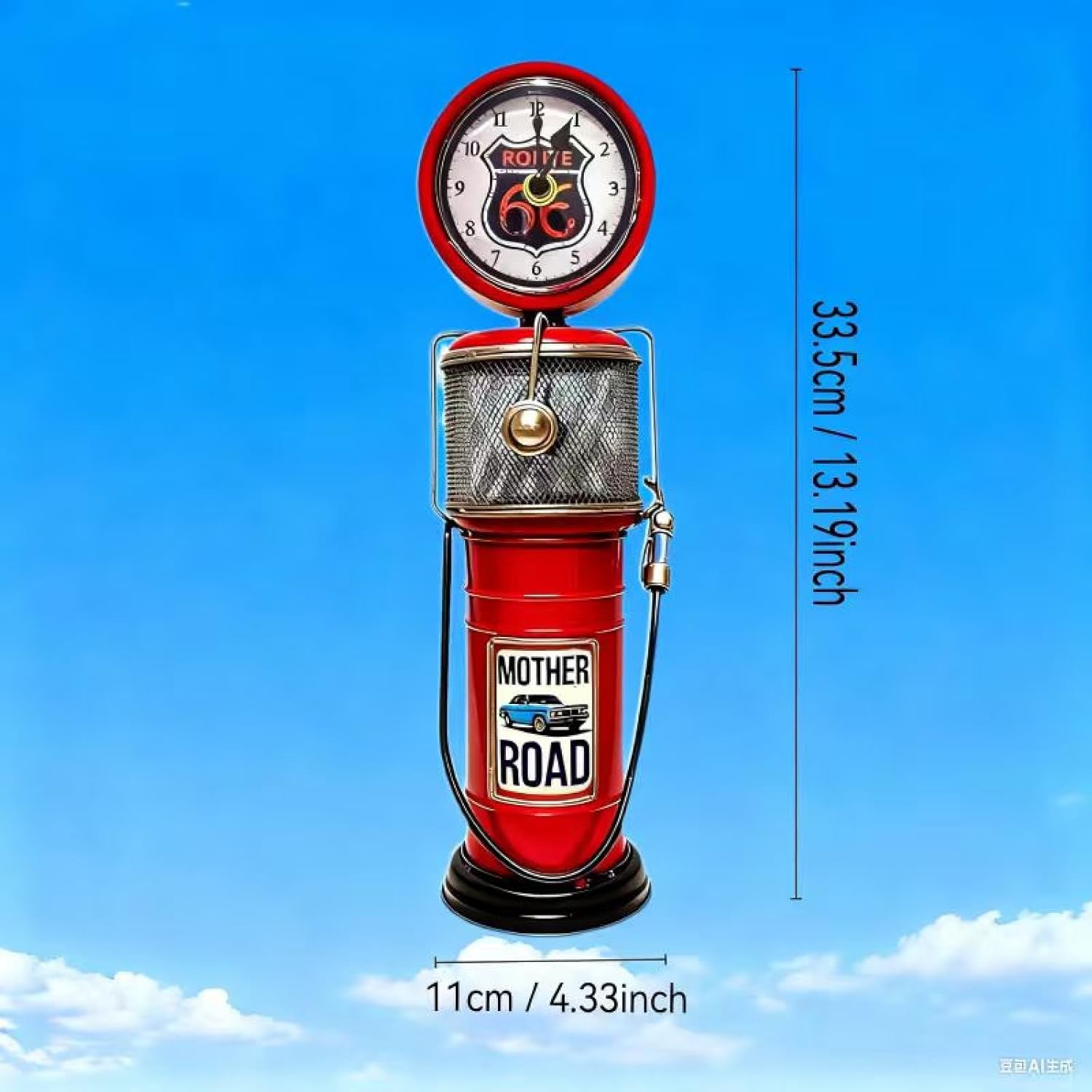Vintage Industrial Gas Pump Wall Clock, 13" Retro Metal Route 66 Silent Quartz Decorative Clock for Home, Garage, Man Cave and Office, Battery Operated Non-Ticking Distressed Antique Art Decor