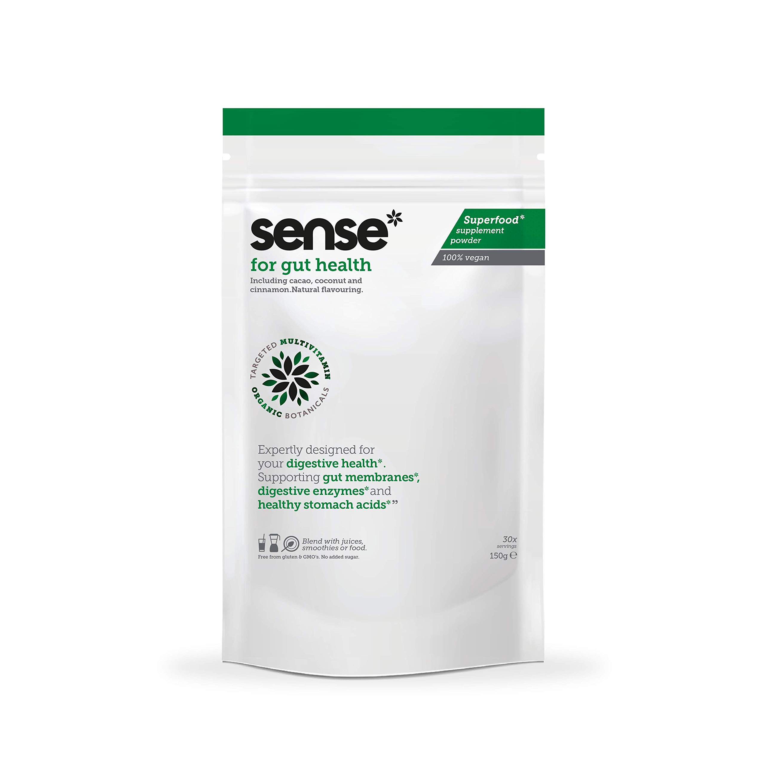 sense for Gut Health - Reduce Bloating, Aid Digestion, Flora & Microbiome - Balances Stomach Acid - Superfoods + Multivitamins + Minerals - Natural High Strength Powder -Includes Turmeric, Peppermint