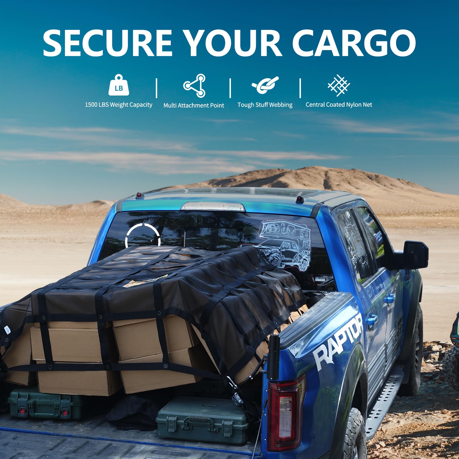 Tecoom Strapazierfähiges Gepäcknetz für Pickup-LKW-Bett, 12 x 13 cm, verstellbare Nockenschnallen, S-Haken und Kreuzgurt, 0,7 kg Kapazität, Gepäcknetz, LKW-Zubehör (147,3 x 155,9 cm)