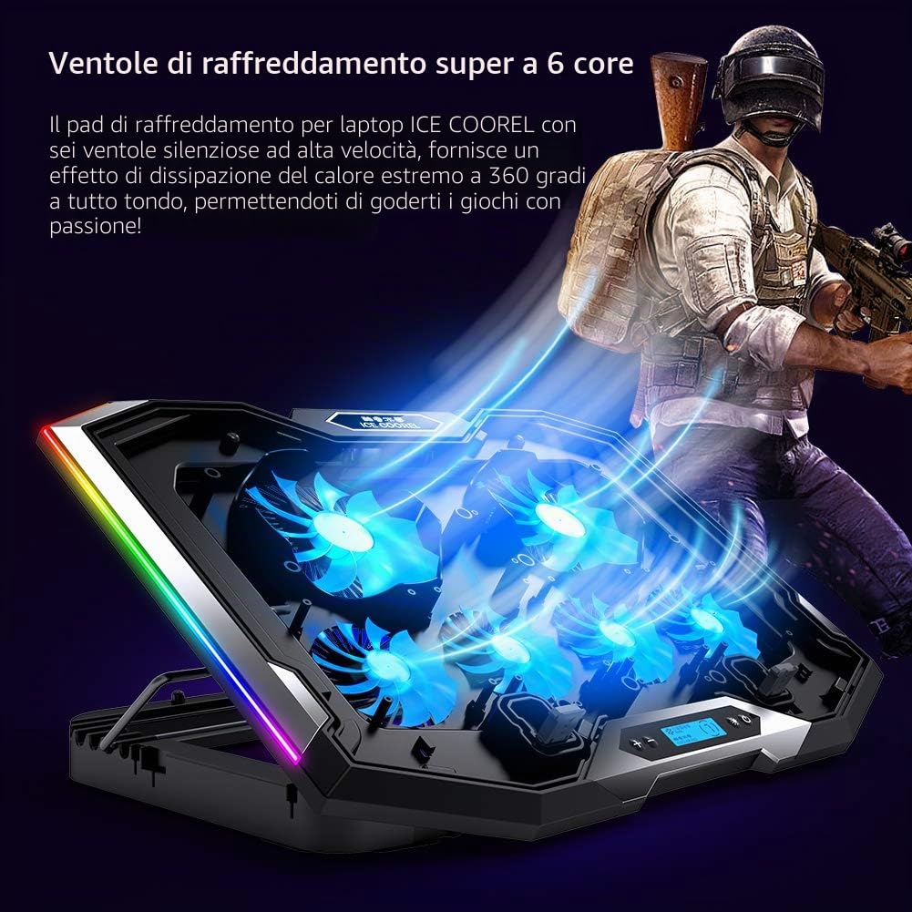 ICE COOREL Gaming Laptop Cooling Pad 15-17.3 pollici, ventola per laptop con 6 ventole di raffreddamento RGB, supporto di raffreddamento per laptop con 6 altezze regolabili, dispositivo di