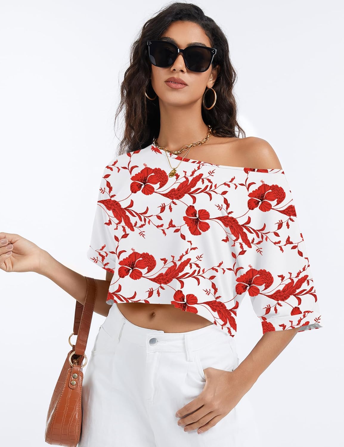 Kistore Off The Shoulder Tops for Women Going Out Short Sleeve Crop Top Boat Neck Loose T Shirt - Image 5