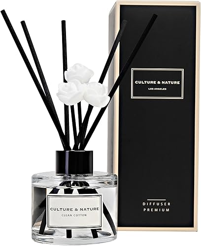 CULTURE & NATURE Juego de difusor de varillas de 4 onzas (4.1 fl oz), difusor perfumado de algodón limpio con varillas, difusor de varillas de