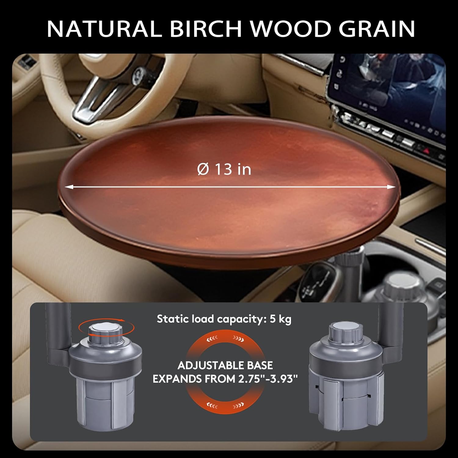 Car Desk for Laptop & Car Table Tray, Height-Adjustable 360° Rotating Wood Car Laptop Mount, Cup Holder Table, Steering Wheel Tray, Compatible with Tesla & Most Vehicles