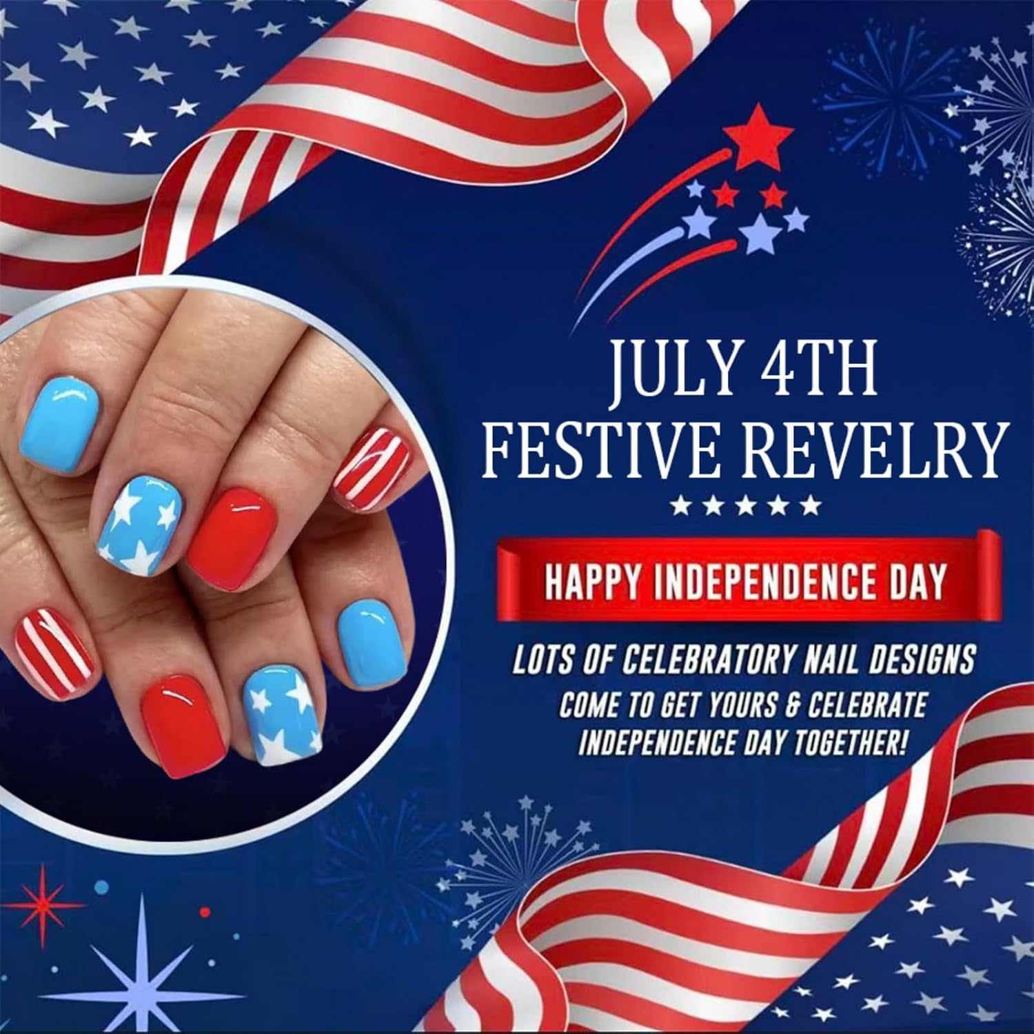 Independence Day Short Square Press on Nails Blue Red Patriotic Fake Nails with White Star Stripe Design Nude Glossy Full Cover Reusable Artificial False Nails for Women 4th of July DIY Manicure 24Pcs