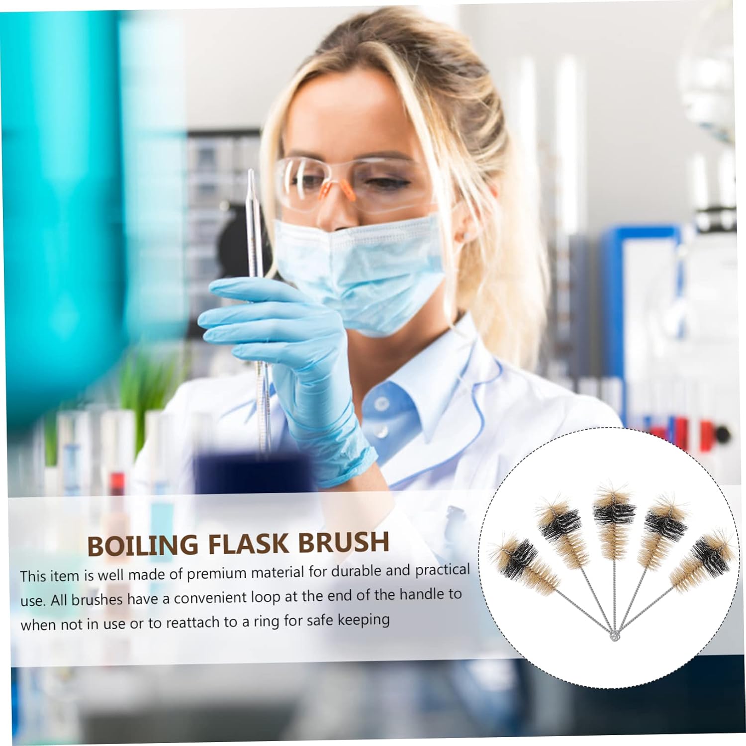 5-Piece Bristles Flask Cleaning Brush Set for Laboratory Educational Use for Reagent Bottles and Flask Cleaning