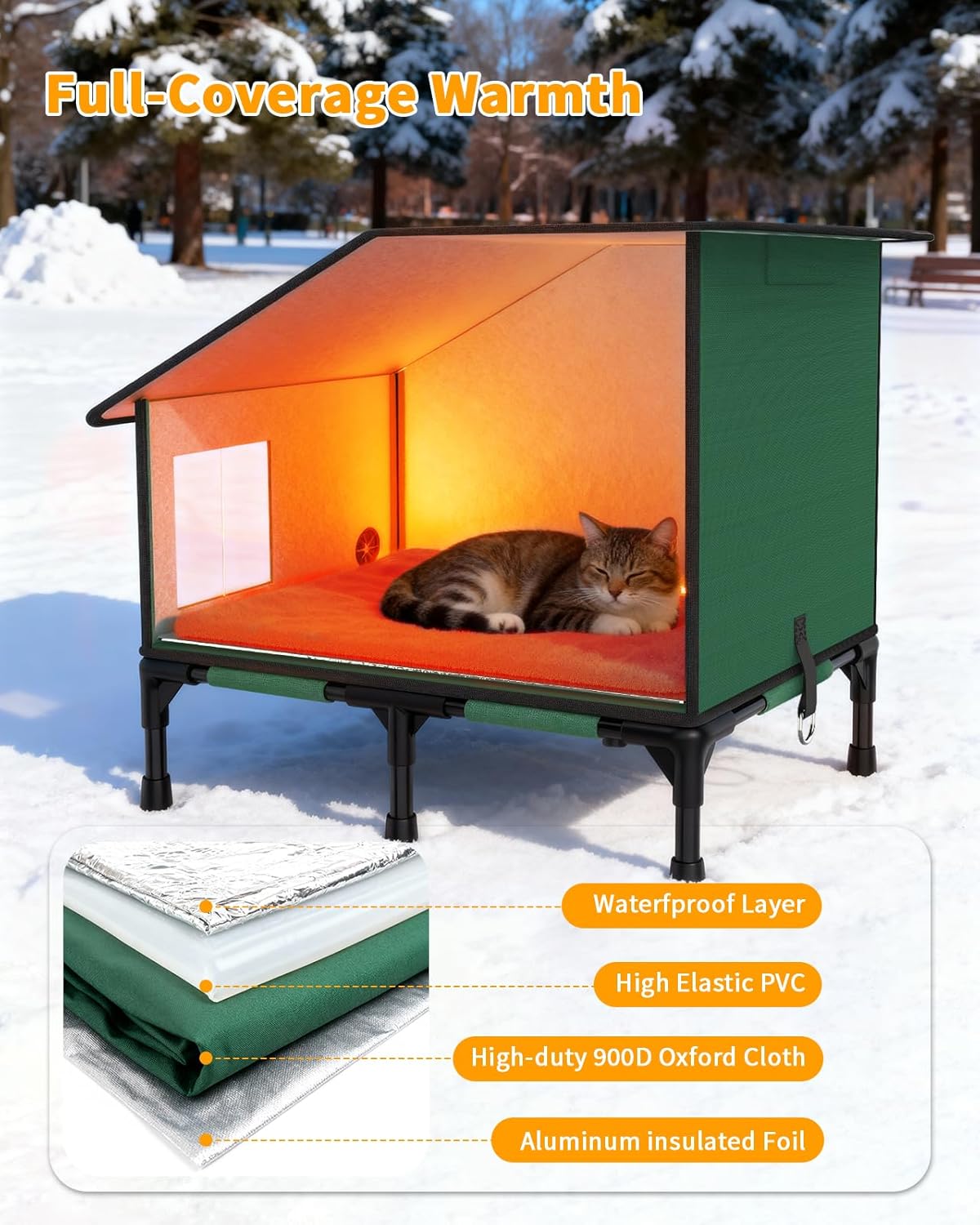 Heated Cat House for Outside, Elevated Cat Shelter with Heating Pad & Escape Door, Extremely Insulated Outdoor Cats Shelter for Feral Cats, Community Pets, Kittens