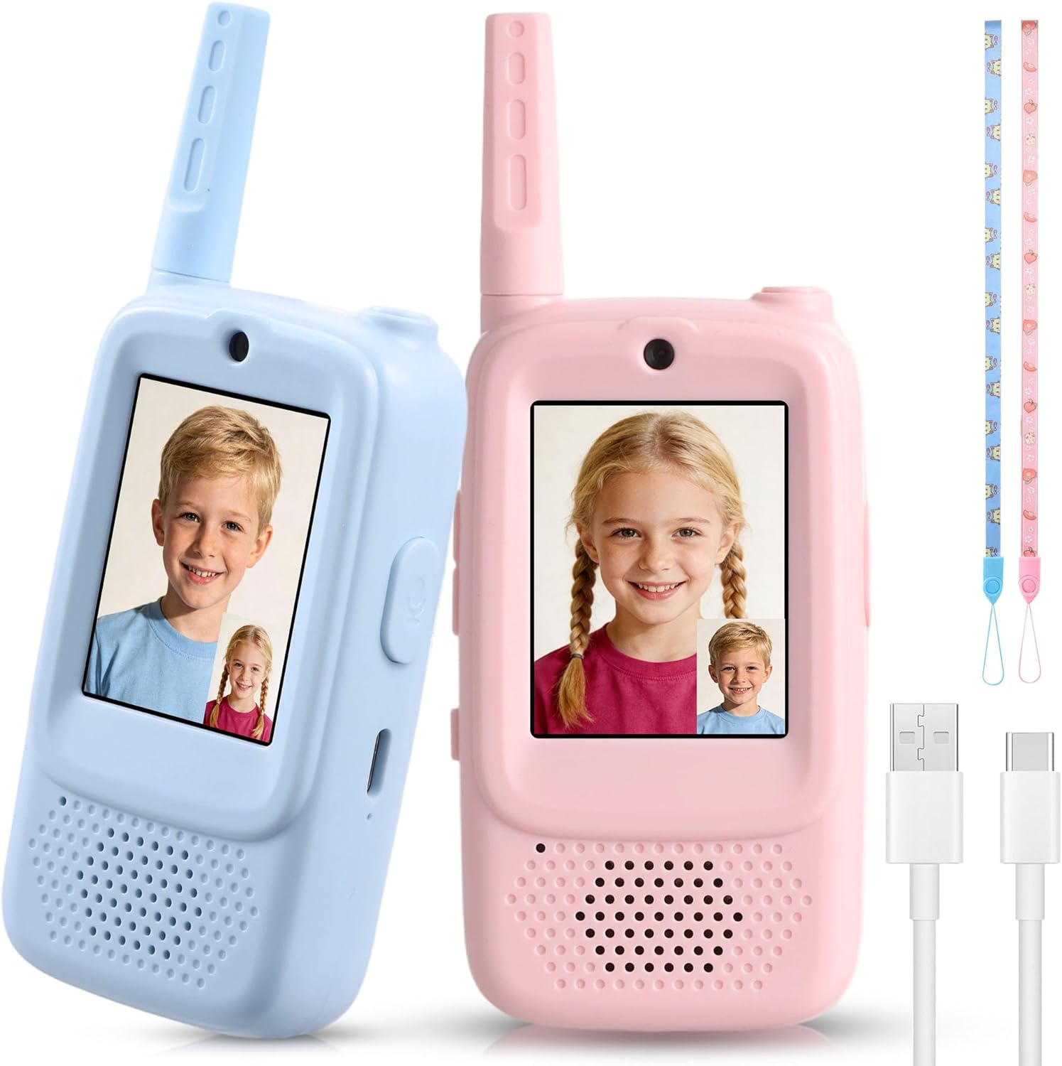 Video Walkie Talkies for Kids, 2 Pack Rechargeable Kids Walkie Talkies Long Range Radios, Video Intercom & Voice Changer, Christmas Birthday Gifts Toys for Boys Girls Age 3-12, Outdoor Hiking Travel