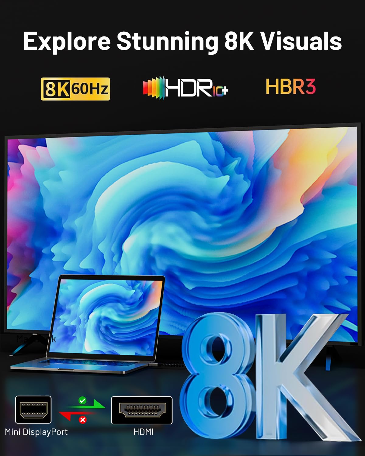 Cable Mini DisplayPort a HDMI 8K de 3.3 pies, 4K a 240Hz/8K @60Hz unidireccional Mini DP 1.4 a HDM, HDR 48Gbps de alta velocidad para Thunderbolt 2, MacBook Surface Pro, portátil, monitor y