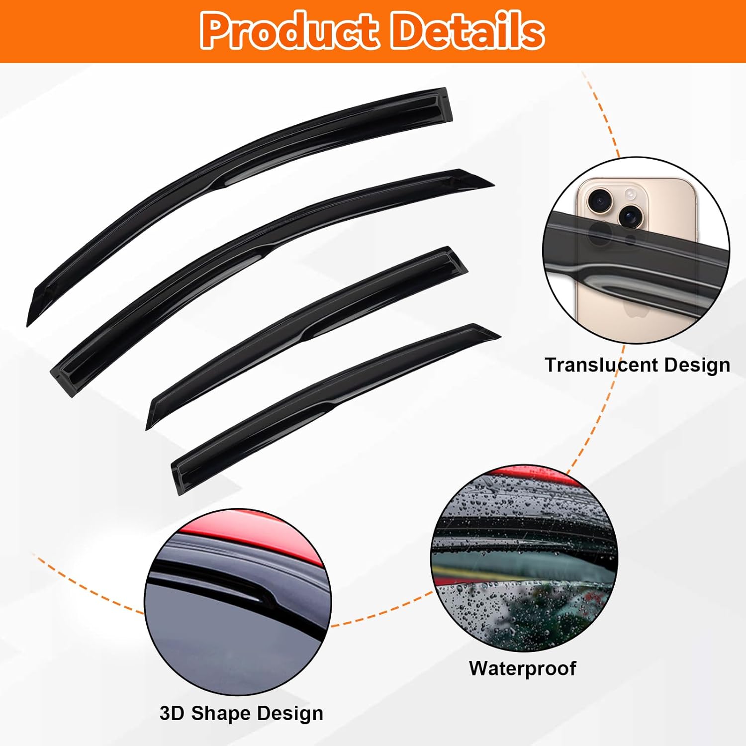 4pcs JDM 3D Wavy MU Style Window Visors Compatible with 2018-2022 Honda Accord Sedan, Front+Rear Left+Right Outside Mount Type Dark Smoke Tint Tape-On Side Sun Rain Guards Set of 4