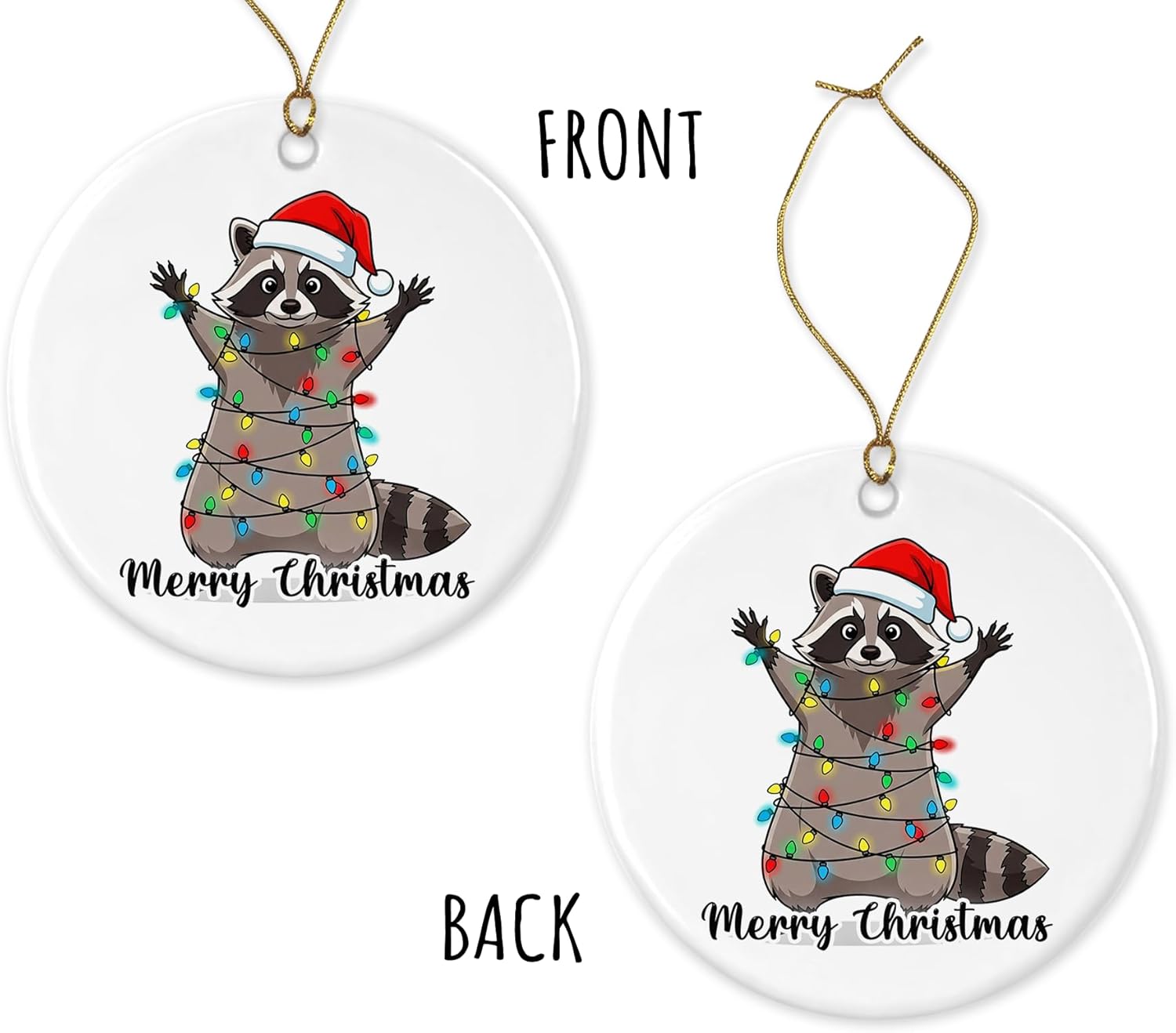Racoon Christmas Ornament - Merry Christmas Ornament - Racoon Lover - Cute Animal - Xmas Tree Decor - Ceramic Holiday Decor Printed on Both Sides - Image 3