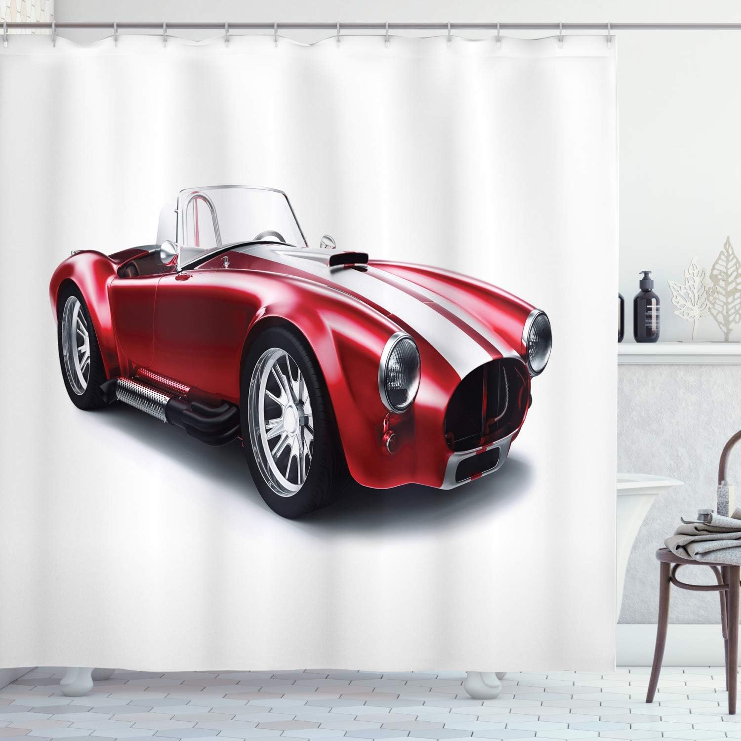 Ambesonne Cars Shower Curtain, Old-Fashioned Vintage Coupe Car Automobile Illustration with Digital Smooth Color Effects, Cloth Fabric Bathroom Decor Set with Hooks, 69" W x 75" L, Red